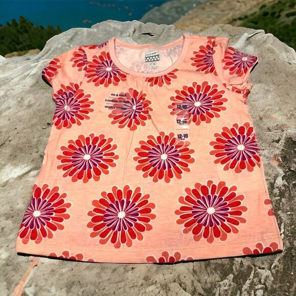 Old Navy Girls Top Sz 12-18 Mo Peach Purple Flowers Multicolor Short Sleeves NEW - Picture 1 of 6